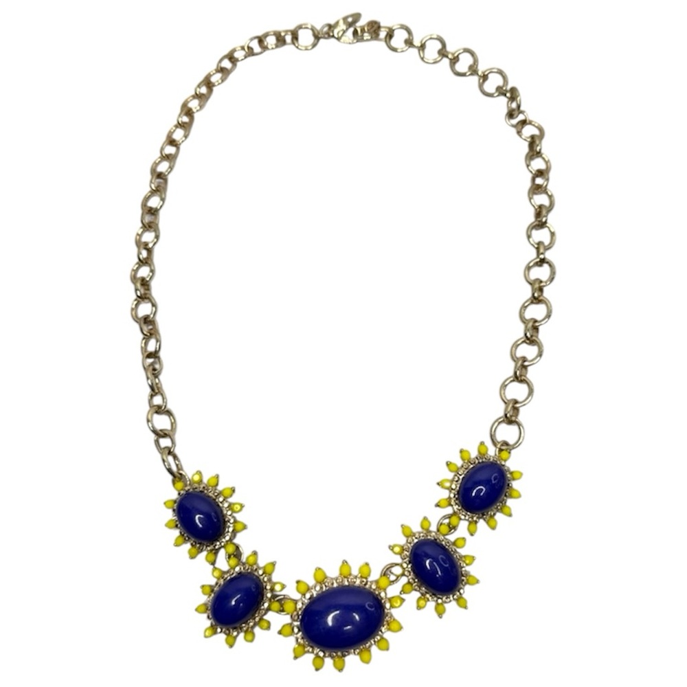 Ann Taylor Blue Cabochon Statement Necklace Gold Tone Yellow Bead Bib